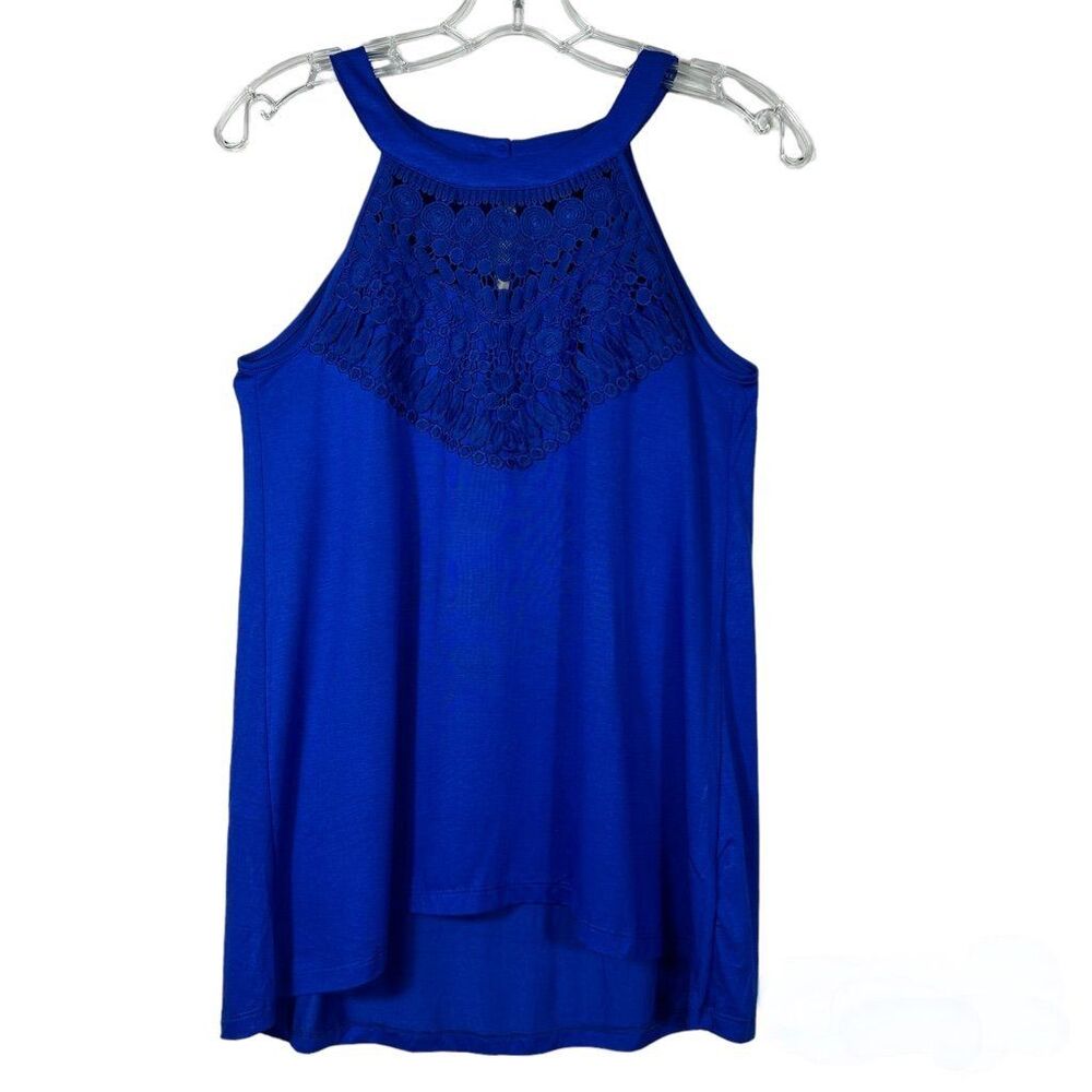 NWT Cable & Gauge Womens Blue Viscose Blend Crochet Neckline Trim Tank Top Sz XS